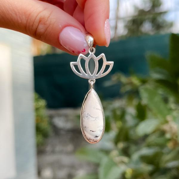 CIONDOLO MINIMAL GOCCIA PIETRA NATURALE AGATA DENDRITICA FIORE DI LOTO ARGENTO 925