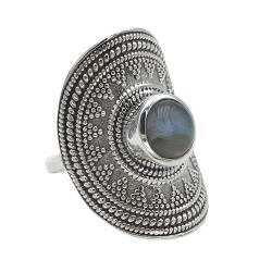 ANELLO SCUDO SOLE PIETRA TONDA LABRADORITE ARGENTO 925