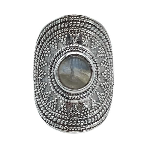 ANELLO SCUDO SOLE PIETRA TONDA LABRADORITE ARGENTO 925