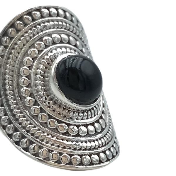 ANELLO SCUDO PSICHEDELICO PIETRA TONDA OSSIDIANA ARGENTO 925