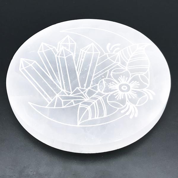 PIATTINO ARMONIZZATORE ROTONDO LUNA E CRISTALLI SELENITE NATURALE CRISTALLOTERAPIA 