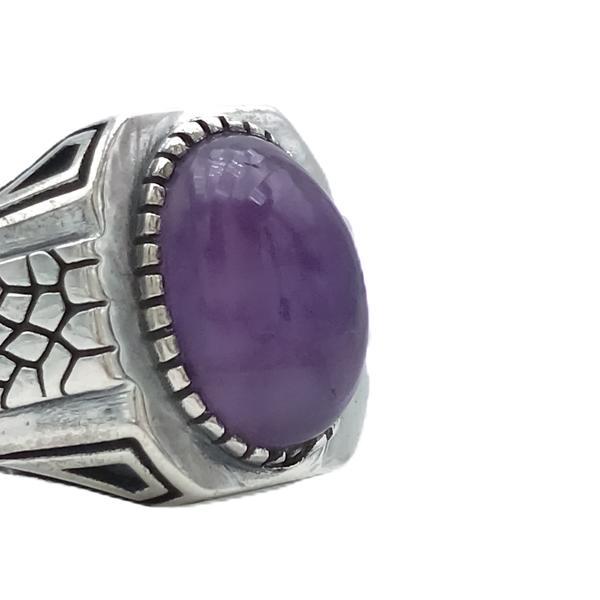 ANELLO CHEVALIER INCISIONI ANIMALIER PIETRA CABOCHON AMETISTA ARGENTO 925