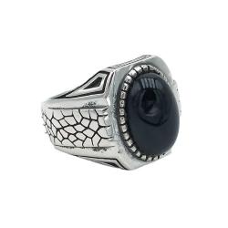 ANELLO CHEVALIER INCISIONI ANIMALIER PIETRA CABOCHON TORMALINA NERA ARGENTO 925