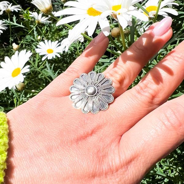 ANELLO FLOWER ETNICO FIORE  MARGHERITA REGOLABILE  ARGENTO 925