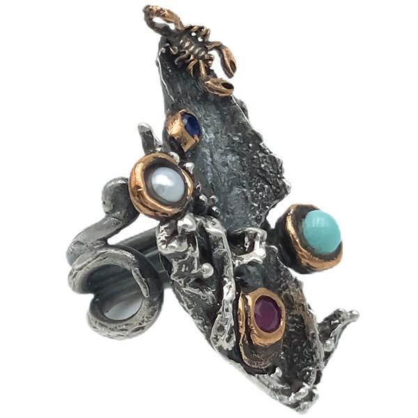 ANELLO HANDMADE NATURE SCORPIONE REGOLABILE DETTAGLI BRONE  ARGENTO 925