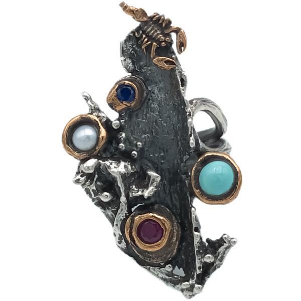 ANELLO HANDMADE NATURE SCORPIONE REGOLABILE DETTAGLI BRONE  ARGENTO 925