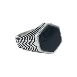 ANELLO CHEVALIER ESAGONALE INCISO LASTRA OSSIDIANA ARGENTO 925