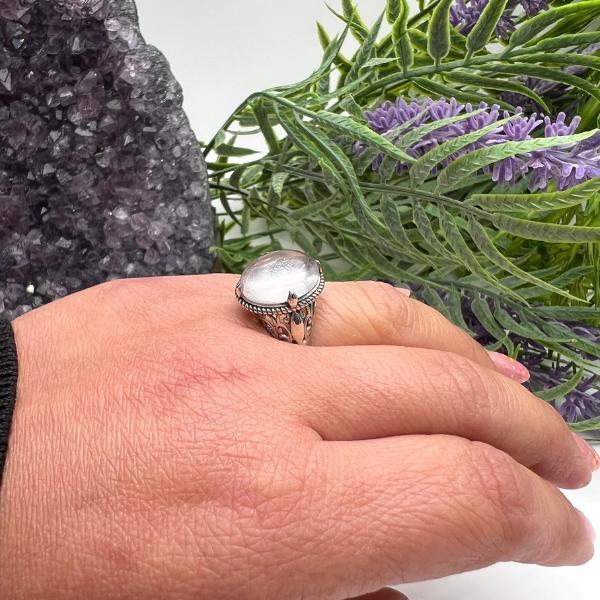 ANELLO TRAFORATO OVALE QUARZO ROSA CABOCHON ARGENTO 925