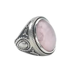ANELLO ETNICO INCISO OVALE QUARZO ROSA CABOCHON ARGENTO 925