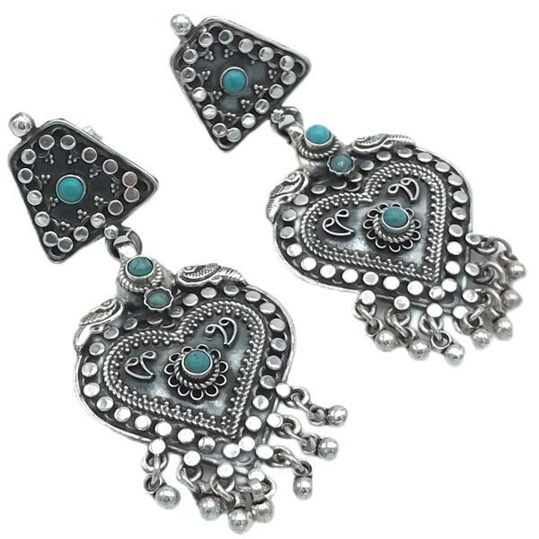 ORECCHINI VINTAGE HEART PENDENTI TURCHESE  ETHNIC  ARGENTO 925