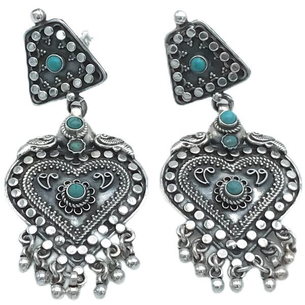 ORECCHINI VINTAGE HEART PENDENTI TURCHESE  ETHNIC  ARGENTO 925