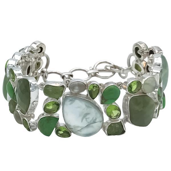 BRACCIALE HANDMADE LUXURY PIETRA NATURALE PREHNITE PERIDOTO SERPENTINO REGOLABILE ARGENTO 925