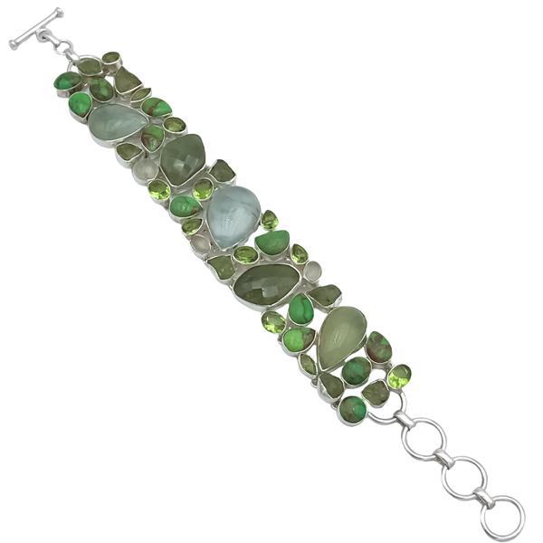BRACCIALE HANDMADE LUXURY PIETRA NATURALE PREHNITE PERIDOTO SERPENTINO REGOLABILE ARGENTO 925