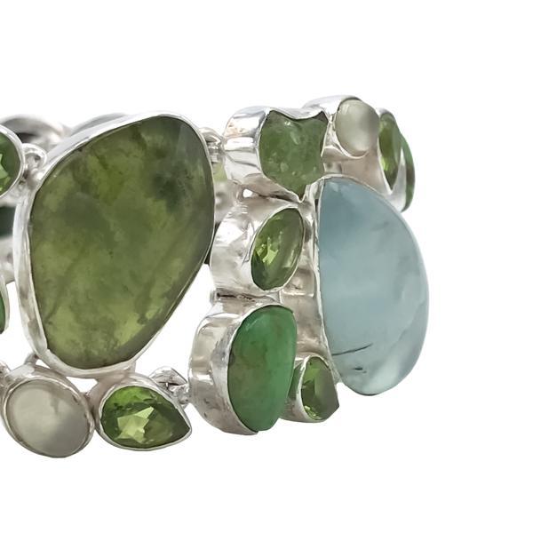 BRACCIALE HANDMADE LUXURY PIETRA NATURALE PREHNITE PERIDOTO SERPENTINO REGOLABILE ARGENTO 925