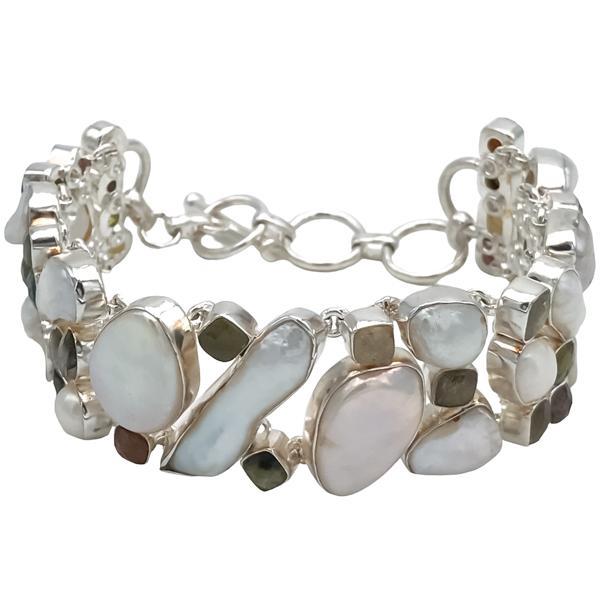 BRACCIALE HANDMADE LUXURY PIETRA NATURALE PERLE DI FIUME BAROCCHE TORMALINA ANGURIA REGOLABILE ARGENTO 925