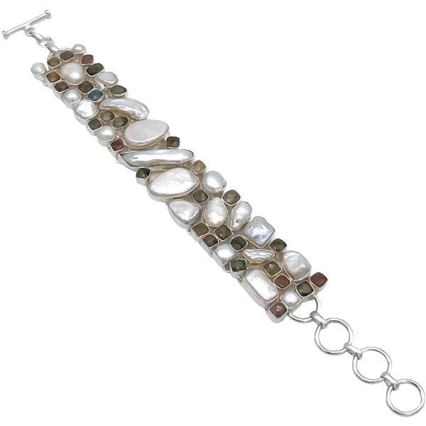 BRACCIALE HANDMADE LUXURY PIETRA NATURALE PERLE DI FIUME BAROCCHE TORMALINA ANGURIA REGOLABILE ARGENTO 925