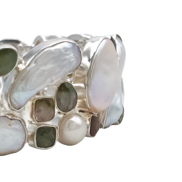 BRACCIALE HANDMADE LUXURY PIETRA NATURALE PERLE DI FIUME BAROCCHE TORMALINA ANGURIA REGOLABILE ARGENTO 925