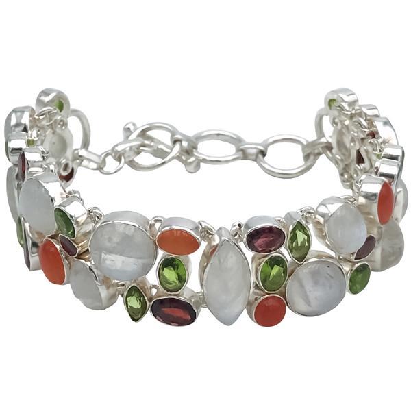 BRACCIALE HANDMADE LUXURY PIETRA NATURALE ADULARIA CORNIOLA GRANATO PERIDOTO REGOLABILE ARGENTO 925