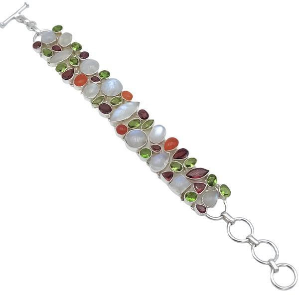 BRACCIALE HANDMADE LUXURY PIETRA NATURALE ADULARIA CORNIOLA GRANATO PERIDOTO REGOLABILE ARGENTO 925