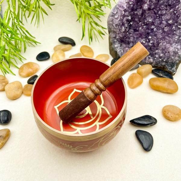 CAMPANA TIBETANA DISEGNATA SETTE CHAKRA ROSSO LEGA METALLI MEDITAZIONE COMPRESO BATACCHIO CUSCINO