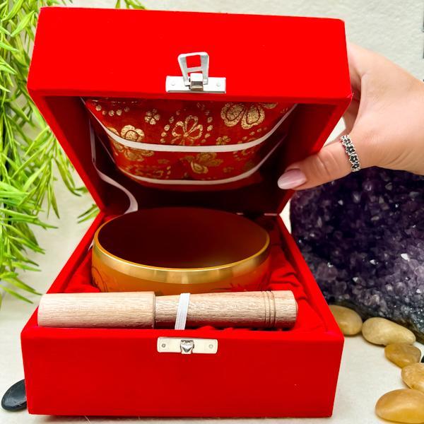 CAMPANA TIBETANA DISEGNATA SETTE CHAKRA ARANCIONE LEGA METALLI MEDITAZIONE COMPRESO BATACCHIO CUSCINO BOX