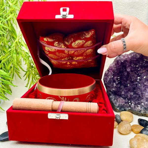 CAMPANA TIBETANA DISEGNATA SETTE CHAKRA ROSSO LEGA METALLI MEDITAZIONE COMPRESO BATACCHIO CUSCINO BOX