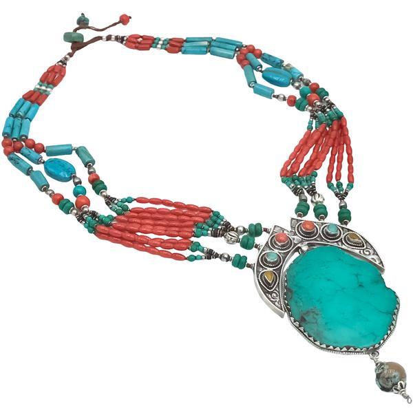 COLLANA TIBETANA MULTIFILO CORALLO  TURCHESE COPPALE PENDENTE TURCHESE BIG ARGENTO 925