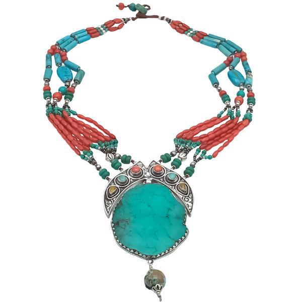 COLLANA TIBETANA MULTIFILO CORALLO  TURCHESE COPPALE PENDENTE TURCHESE BIG ARGENTO 925