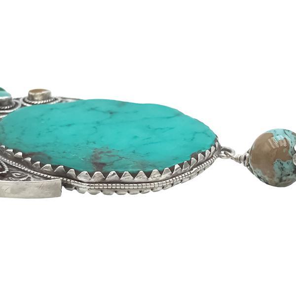 COLLANA TIBETANA MULTIFILO CORALLO  TURCHESE COPPALE PENDENTE TURCHESE BIG ARGENTO 925