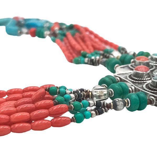COLLANA TIBETANA MULTIFILO CORALLO  TURCHESE COPPALE PENDENTE TURCHESE BIG ARGENTO 925