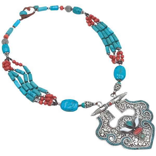 COLLANA  MULTIFILO TIBETANA  PENDENTE INCISO CORALLO TURCHESE MADREPERLA ARGENTO 925