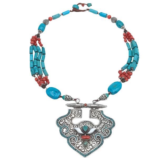 COLLANA  MULTIFILO TIBETANA  PENDENTE INCISO CORALLO TURCHESE MADREPERLA ARGENTO 925