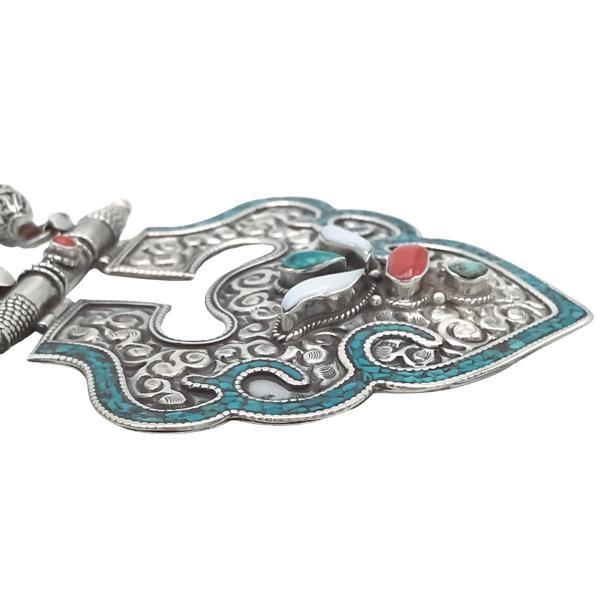 COLLANA  MULTIFILO TIBETANA  PENDENTE INCISO CORALLO TURCHESE MADREPERLA ARGENTO 925