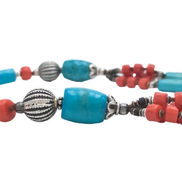 COLLANA  MULTIFILO TIBETANA  PENDENTE INCISO CORALLO TURCHESE MADREPERLA ARGENTO 925