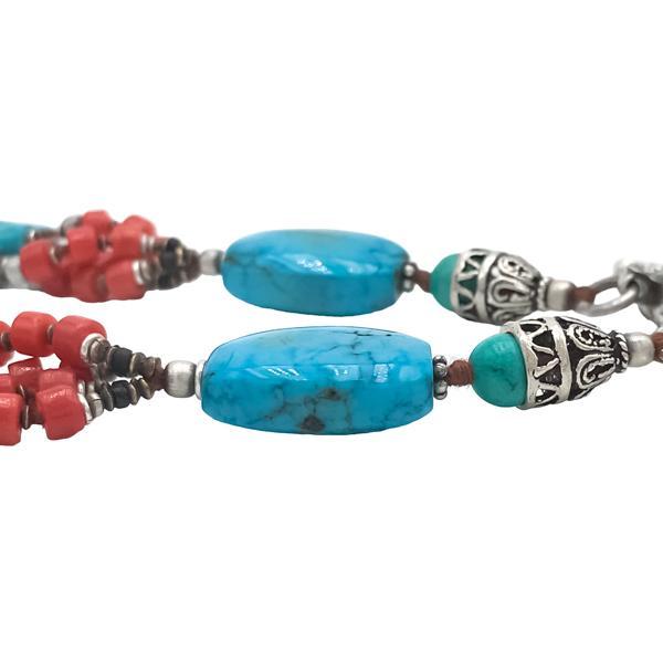 COLLANA  MULTIFILO TIBETANA  PENDENTE INCISO CORALLO TURCHESE MADREPERLA ARGENTO 925