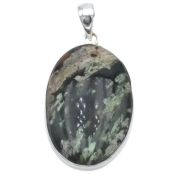CIONDOLO MINIMAL OVALE GRANDE PIETRA NATURALE DIASPRO OCEANO  ARGENTO 925