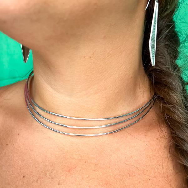COLLANA CHOKER RIGIDO TRE FILI GIROCOLLO REGOLABILE ARGENTO 925