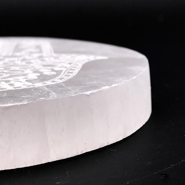 PIATTINO ARMONIZZATORE ROTONDO MANO FATIMA SELENITE NATURALE CRISTALLOTERAPIA 