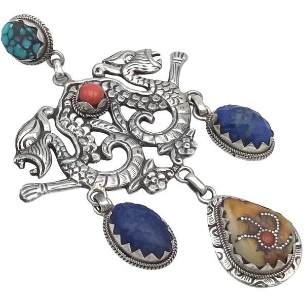 CIONDOLO TIBETANO DRAGHI LAPISLAZZULI TURCHESE CORALLO COPPALE ARGENTO 925