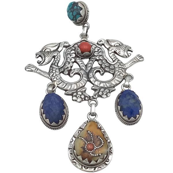 CIONDOLO TIBETANO DRAGHI LAPISLAZZULI TURCHESE CORALLO COPPALE ARGENTO 925