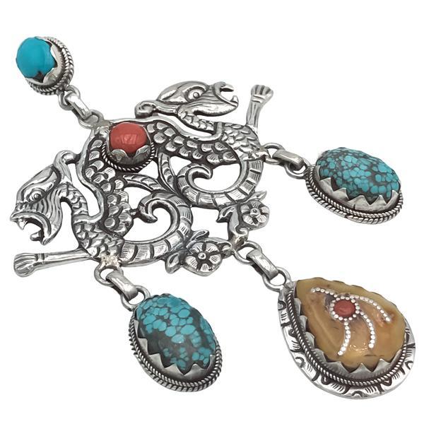CIONDOLO TIBETANO DRAGHI TURCHESE CORALLO COPPALE ARGENTO 925