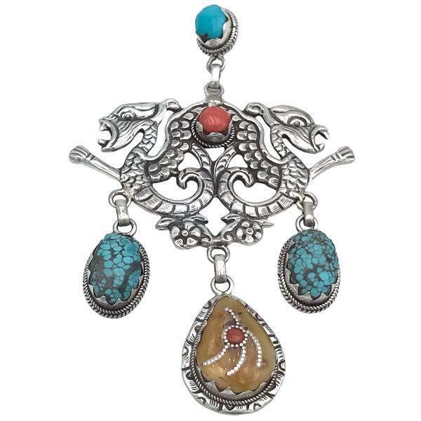CIONDOLO TIBETANO DRAGHI TURCHESE CORALLO COPPALE ARGENTO 925