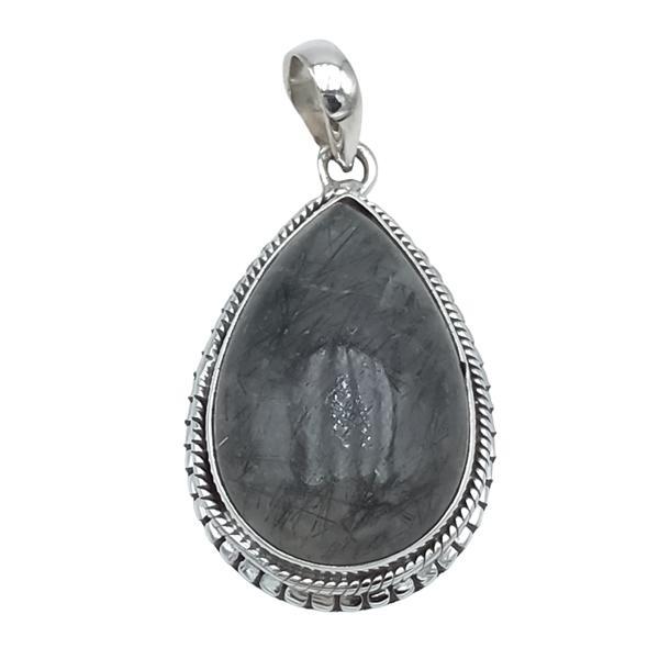 CIONDOLO PENDENTE ETNICO PIETRA CABOCHON QUARZO RUTILATO NERO ARGENTO 925