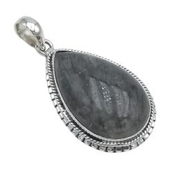 CIONDOLO PENDENTE ETNICO PIETRA CABOCHON QUARZO RUTILATO NERO ARGENTO 925