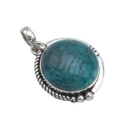 CIONDOLO PENDENTE ETNICO ROTONDO PIETRA NATURALE CRISOCOLLA ARGENTO 925