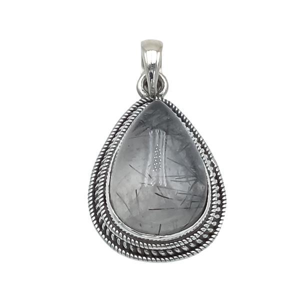 CIONDOLO PENDENTE ETNICO PIETRA NATURALE QUARZO RUTILATO NERO ARGENTO 925