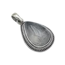 CIONDOLO PENDENTE ETNICO PIETRA NATURALE QUARZO RUTILATO NERO ARGENTO 925