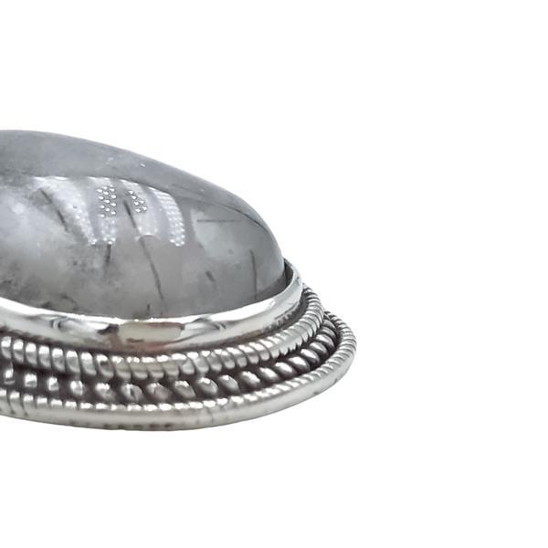 CIONDOLO PENDENTE ETNICO PIETRA NATURALE QUARZO RUTILATO NERO ARGENTO 925