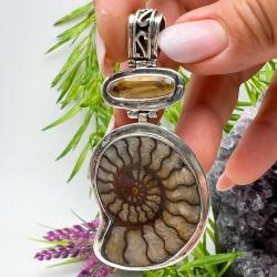 CIONDOLO PENDENTE VINTAGE MULTI PIETRA AMMONITE FOSSILE QUARZO CITRINO ARGENTO 925