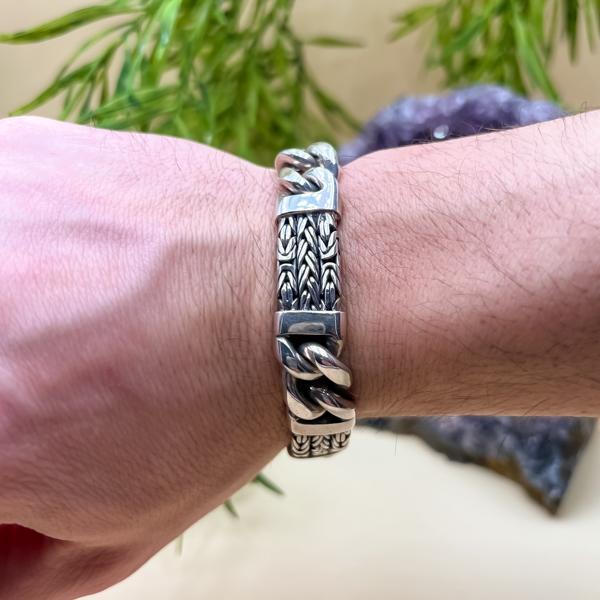 BRACCIALE BIG  MAGLIA BOROBUDUR CATENA GRUMETTA BRUNITA MESSICANO ARGENTO 925